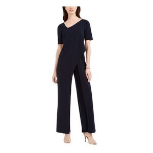 ADRIANNA PAPELL Womens Navy Short Sleeve Evening Wide Leg Jumpsuit 2
